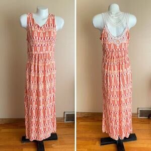 Daisy Fuentes Large Sleeveless Crochet Maxi Dress Orange White Boho Beachy